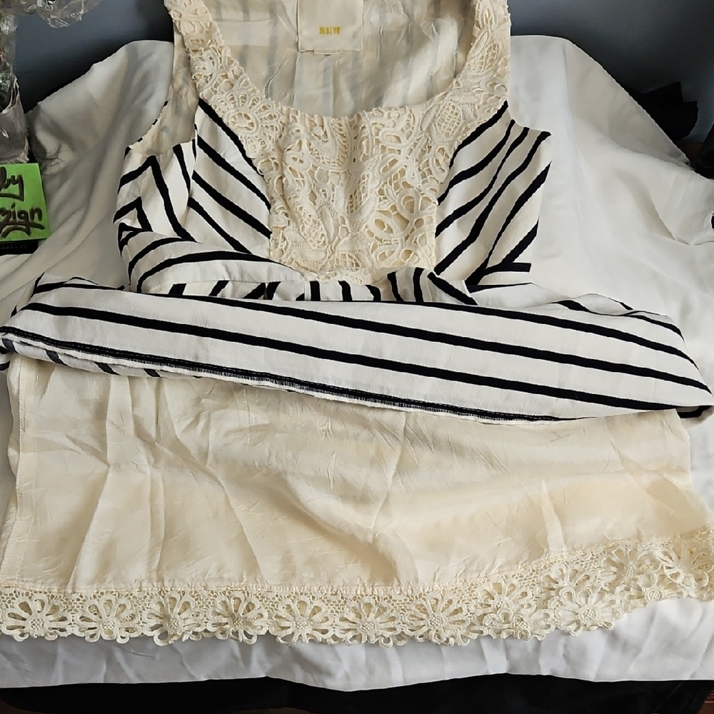 Maeve (Anthro) Black and White Striped Dress with Cream Lace - Picture 10 of 16